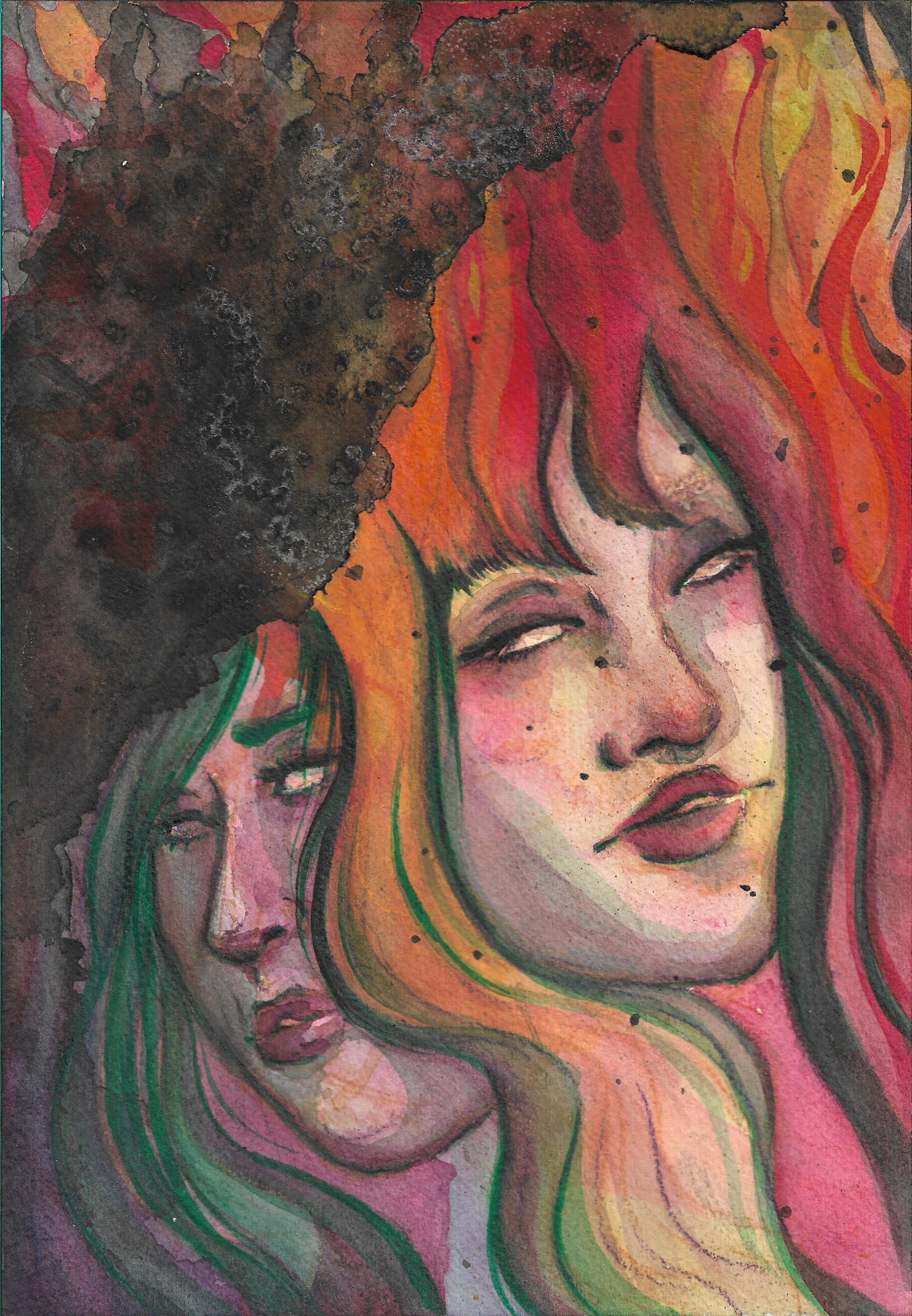Two femme face look out with no eyes from the smoke and flames.