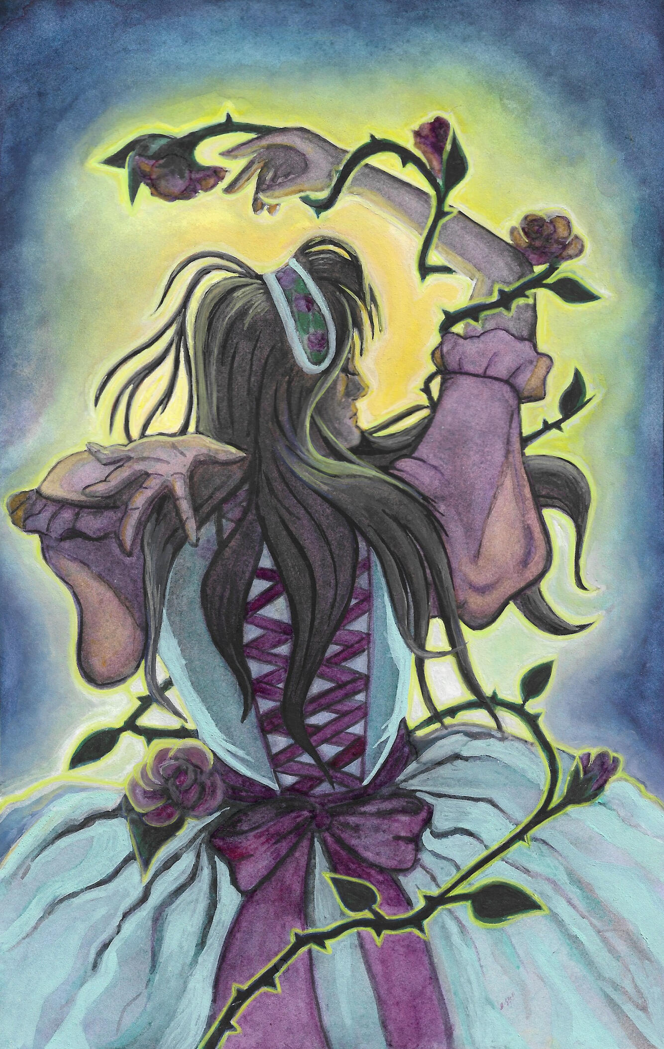 Femme figure standing with her back towards the viewer looking to her right. Her brown hair flows around her face. There is a light shining intensely casting a glow around her figure. A thorny rose vine grows around her waist and up her arm.