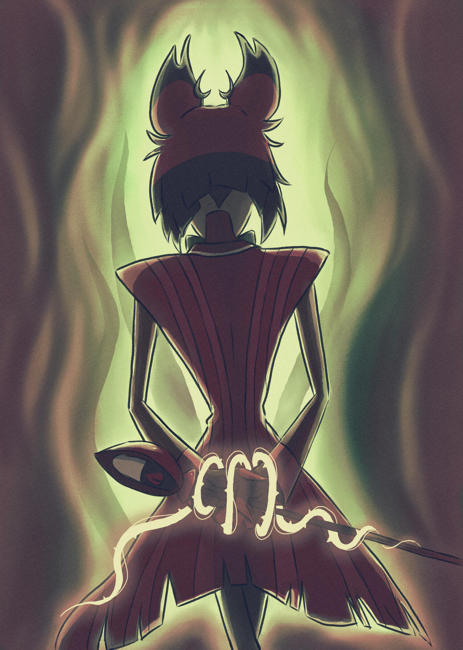 Alastor stands facing away with his hands behind his back holding his microphone cane. Rosie's thorny vine wraps around his hands.