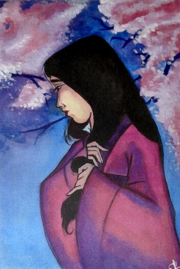 Side profile of Mulan wearing a pink hanfu. She grasps her hair. Behind her are blooming trees.