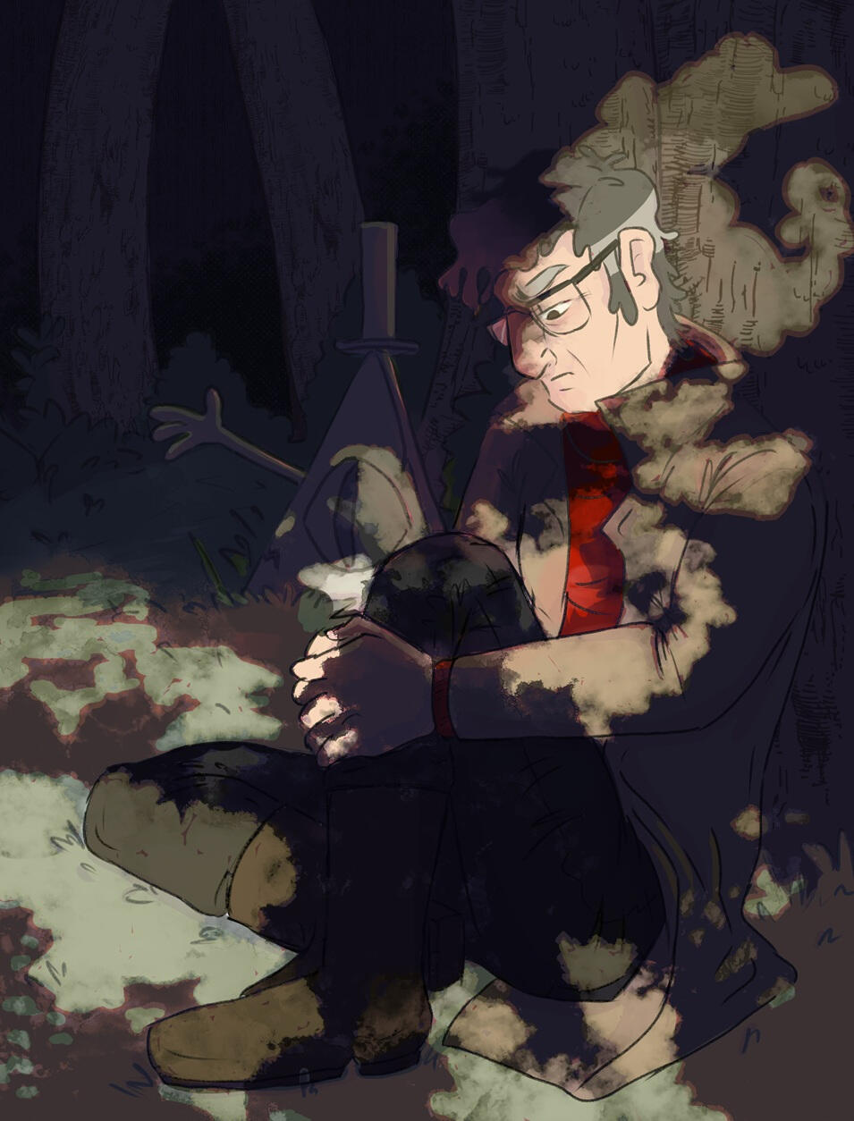 Ford sitting in the forest next to Bill's stone. He has an pensive expression. The light from the sunlight is scattered around him.