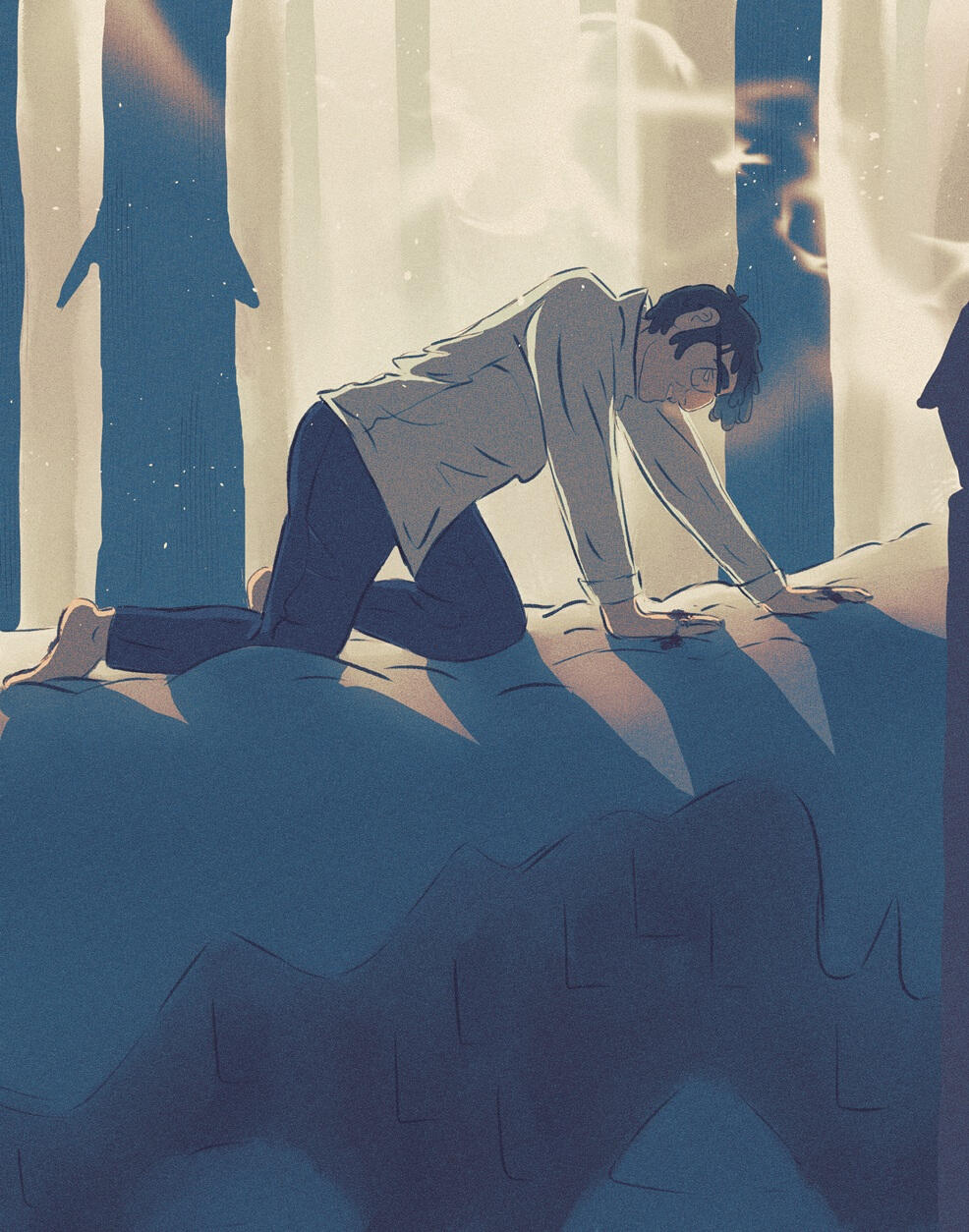 Ford crawling on a snowy roof. His knuckles and bottom of his foot are bloody. It's early morning, and the sun is shining thru the trees in the background. The background is a haze of snow and his breath and smoke from the chimney can be seen.