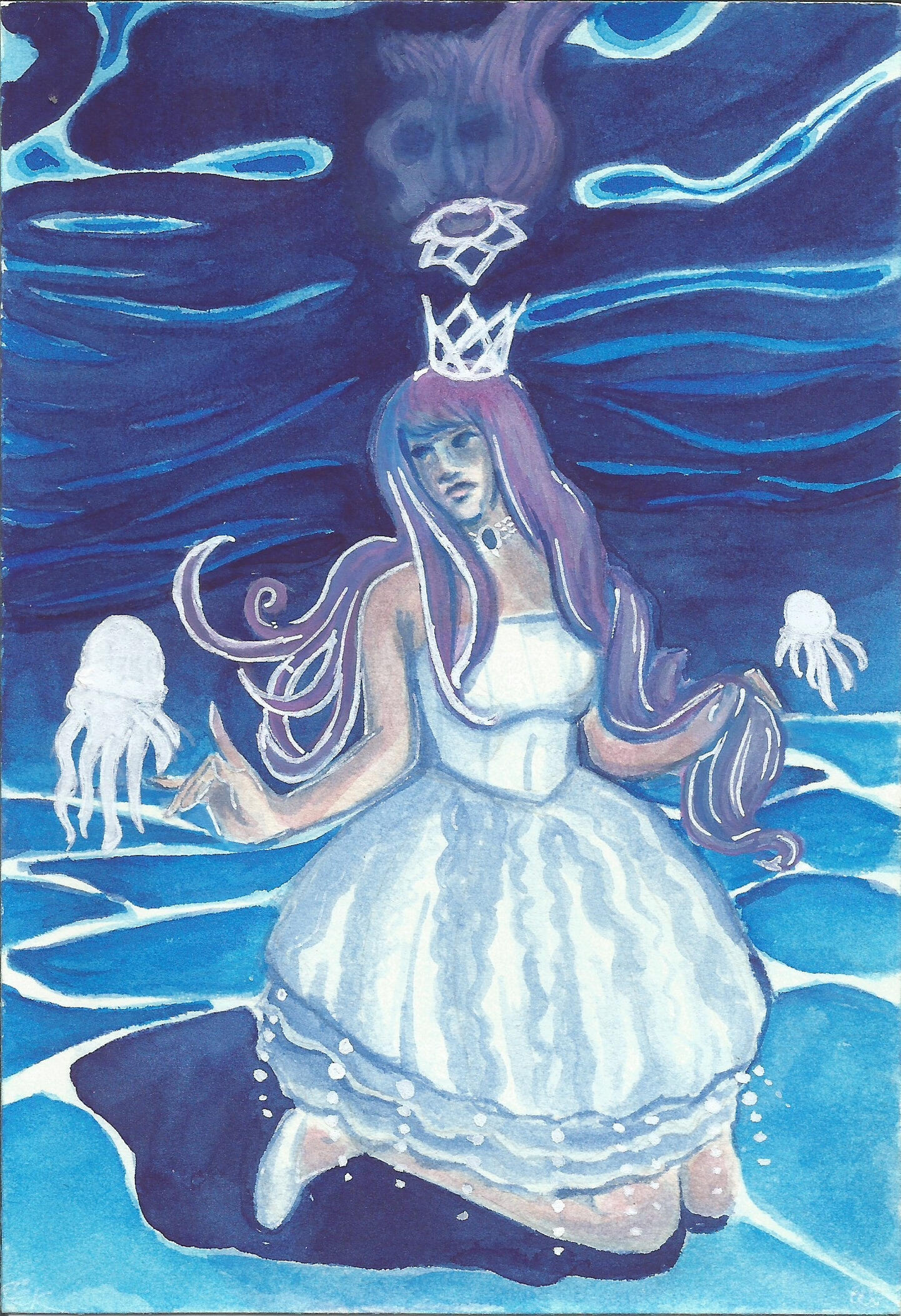 Kurako kneels on the bottom of the ocean dressed in a jellyfish inspired dress. Two jellyfish float beside them.