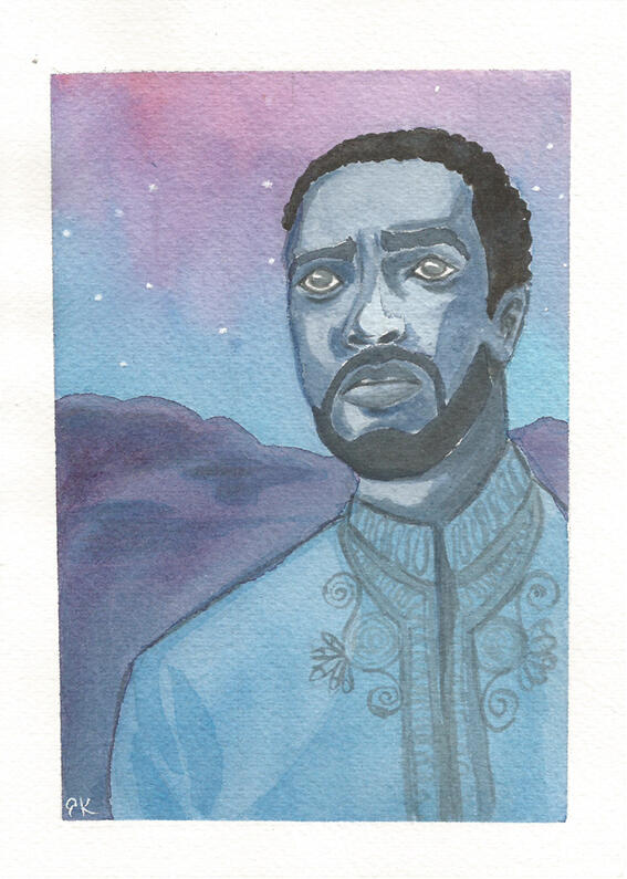 T'challa looks up with the starry night sky and purple mountains behind him.