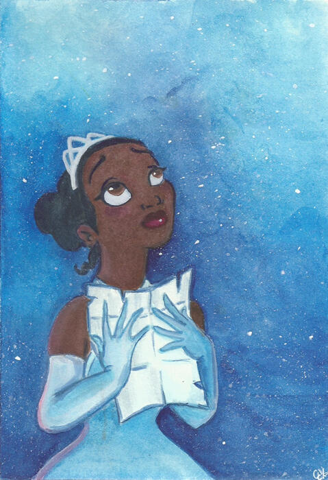 Tiana looks up at the starry night sky wearing a tiara, gown and long gloves. She holds a piece of paper close to her chest.