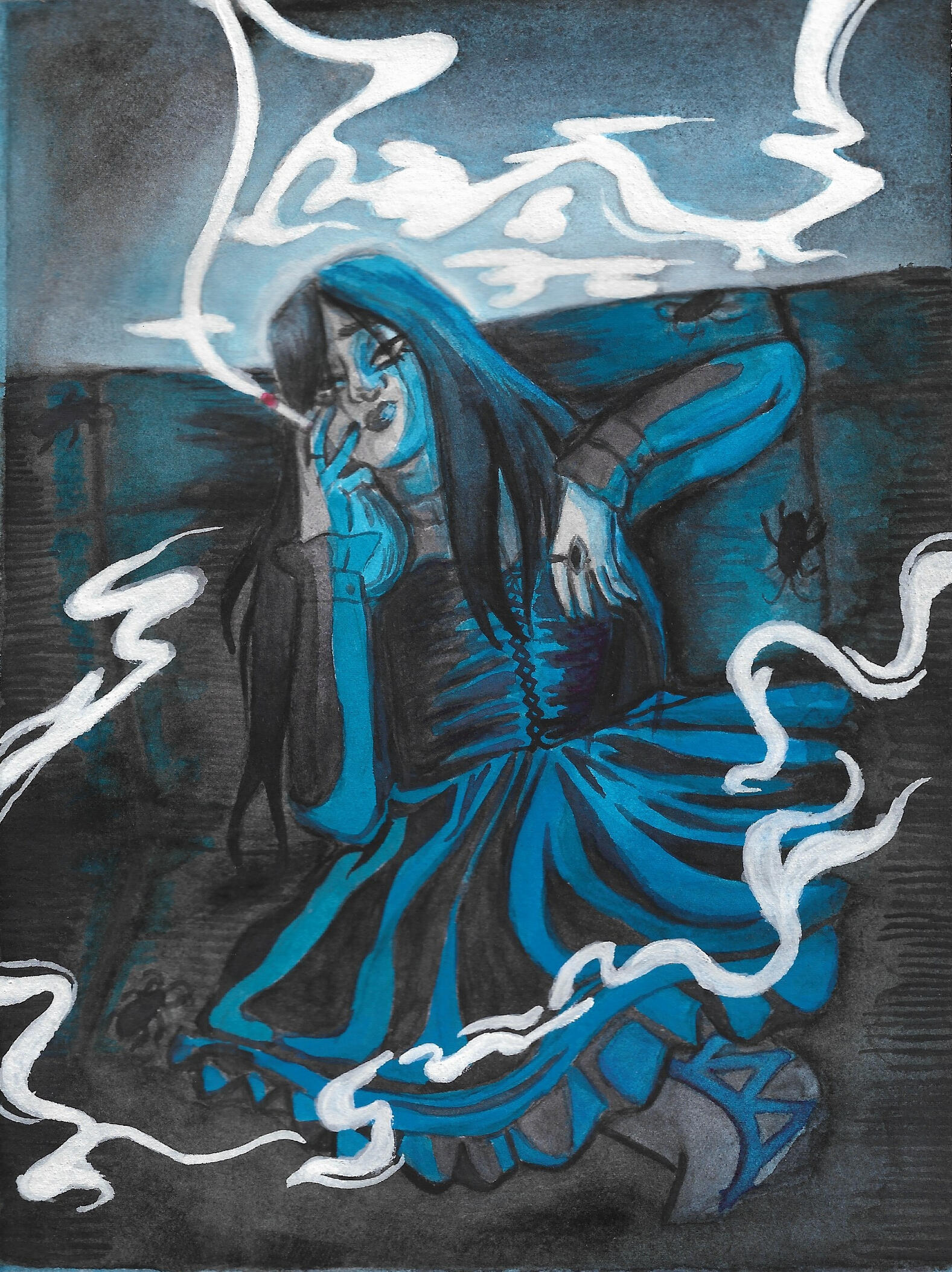 Femme person sitting on a dingy sofa in the dark smoking a cigarette. They are wearing a dress with a fitted corset top and ruffles at the hem. Smoke hangs in the air around them. A vivid blue light is cast on them, in the dark around them roaches hide.