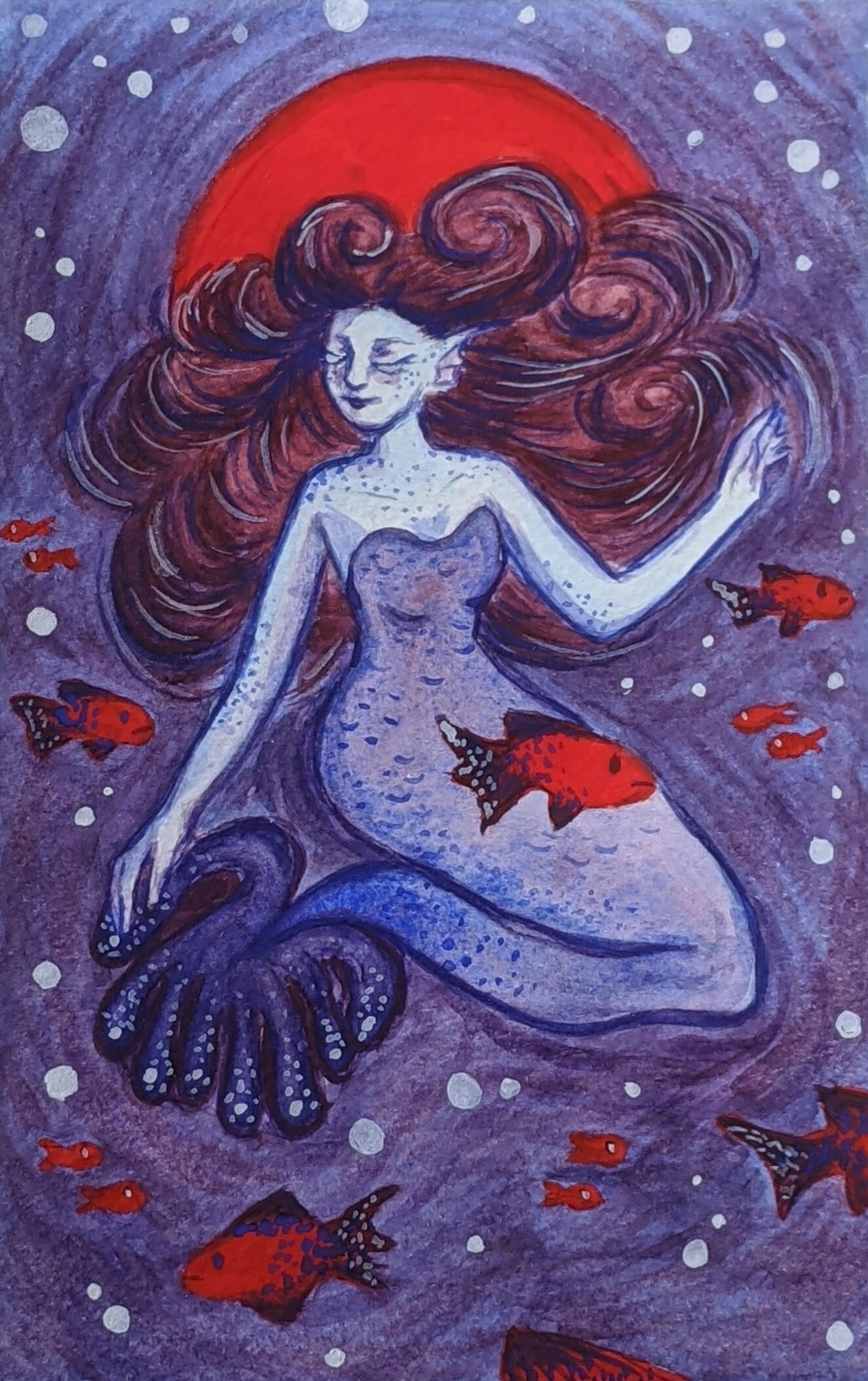 Purple mermaid looking down surrounded by bright red fish. A round red light shines behind her.