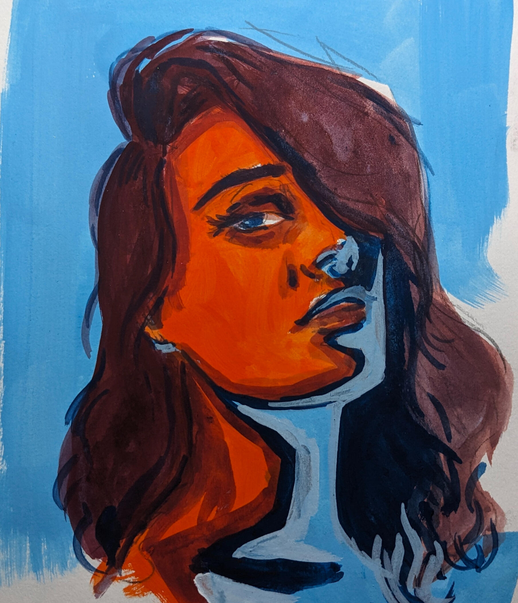 Portrait of a woman. She looks toward the viewer and her hair is swooped over one of her eyes. The color of the lighting is a dramatic blue to red.