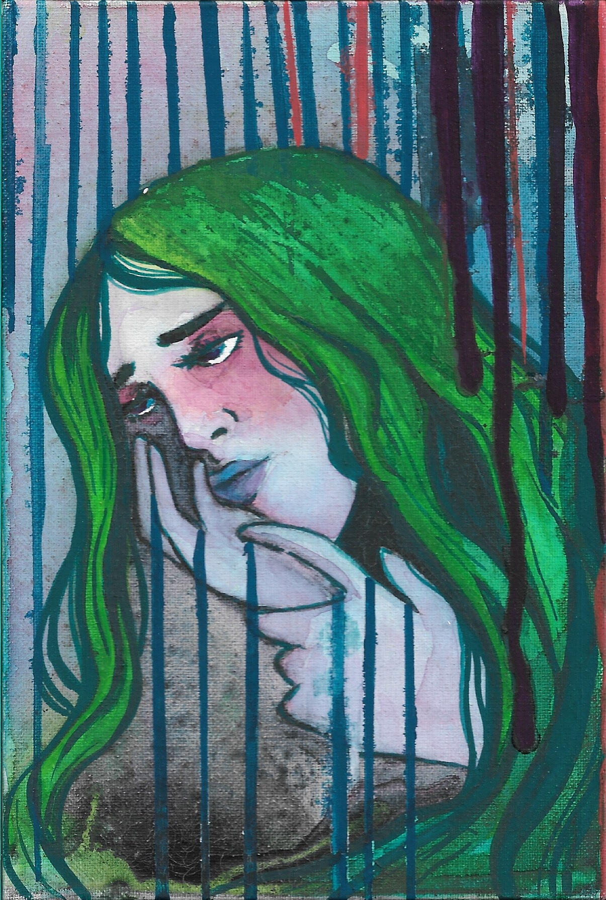 Femme figure with long green hair, holds her face in her hands looking up. Virtual lines drip down.