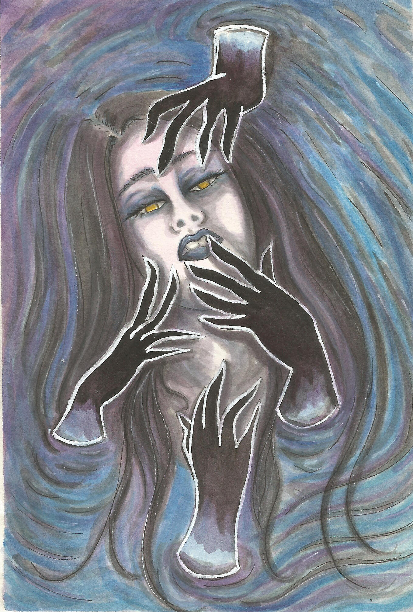 Person with dark hair and yellow eyes looks up from a pool of water. Shadowy hands reach for them.