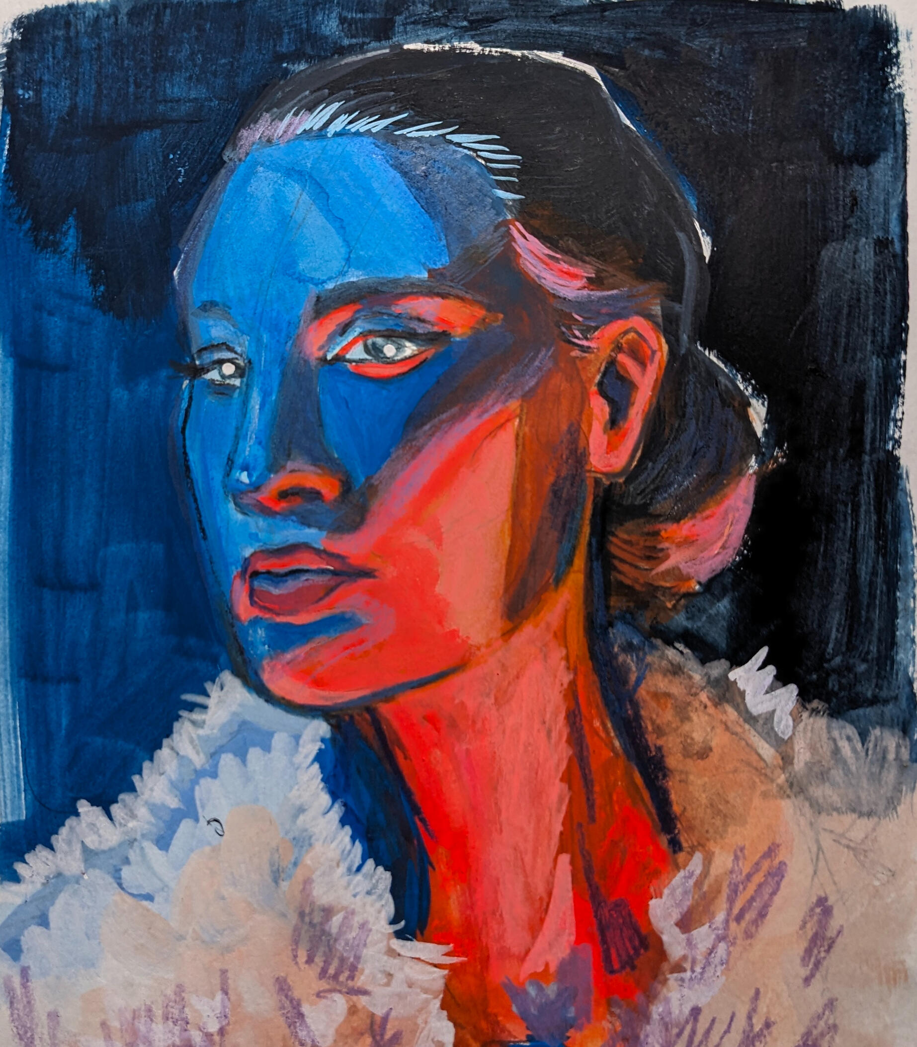 Portrait of a woman wearing a fuzzy fur collar, with her hair tied back into a bun. The lighting is a dramatic blue to red fade.