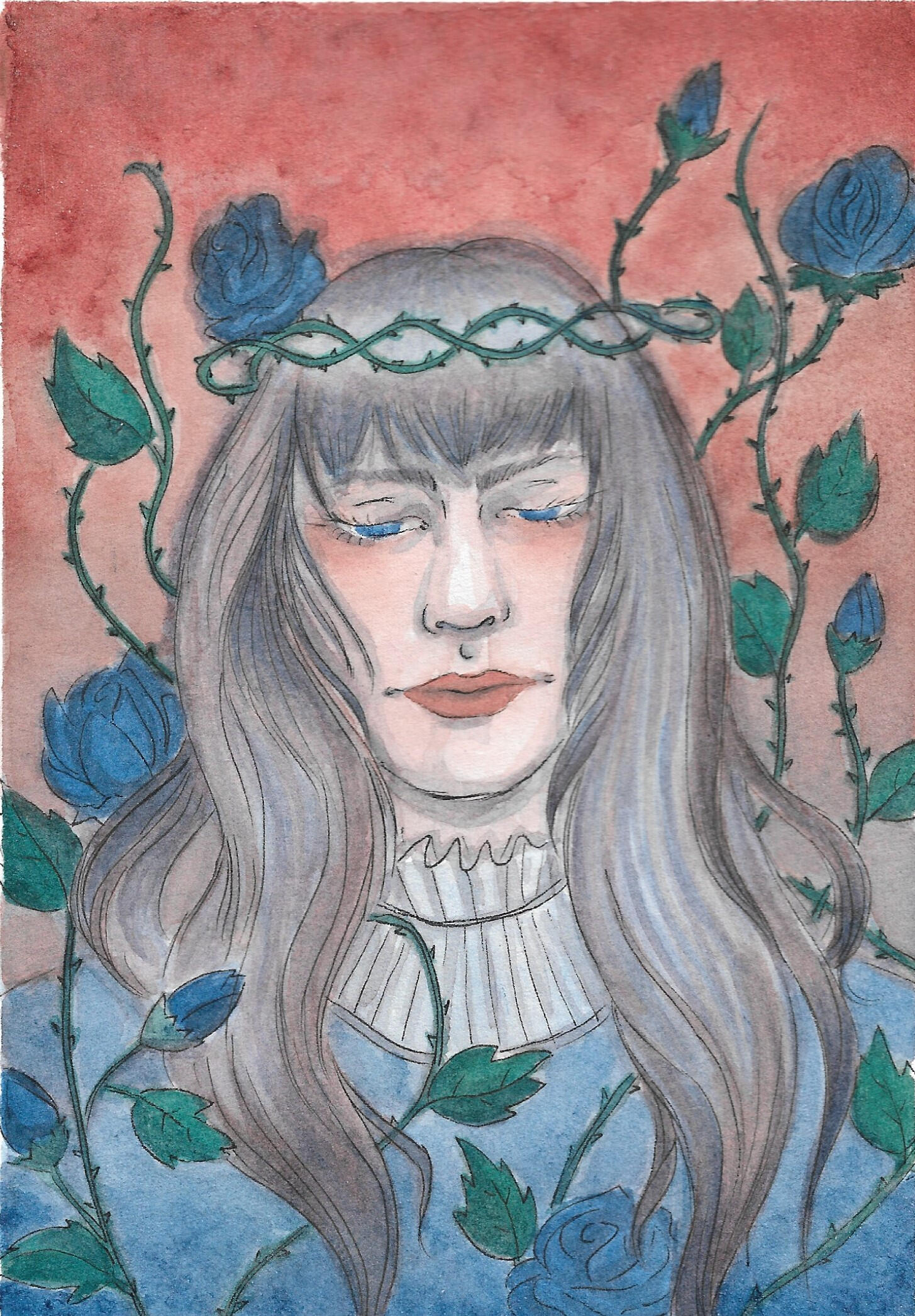 Person with light ash hair and blue eyes looking down. Vines of blue roses grow around them.