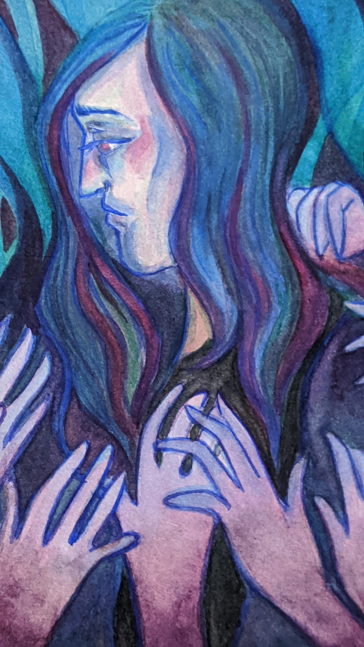 Profile view of a person surrounded by hands reaching for them.