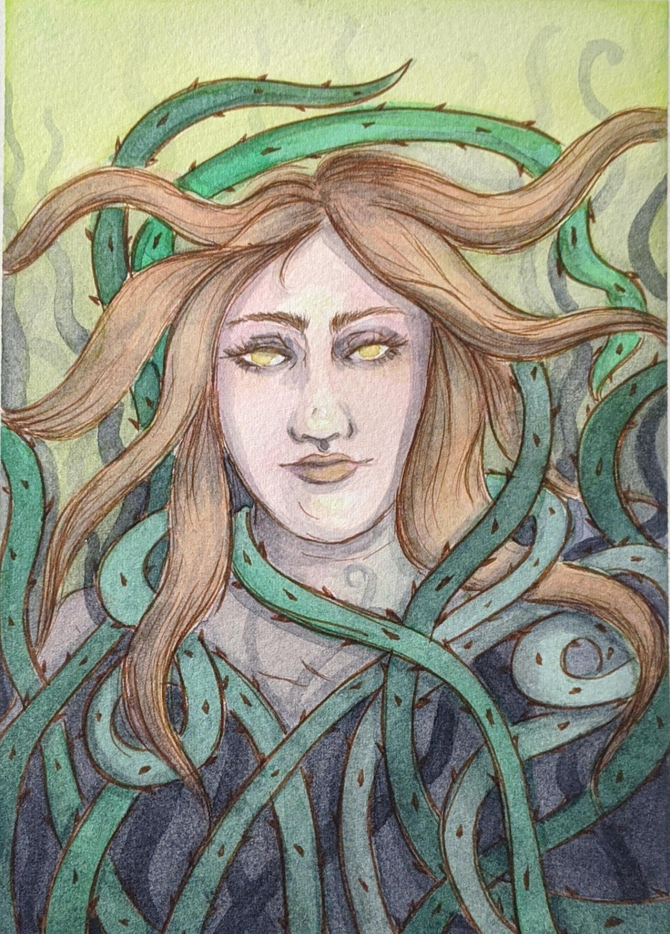 Person with long golden hair and eyes looks ahead. Thorny vines are wrapped around them.