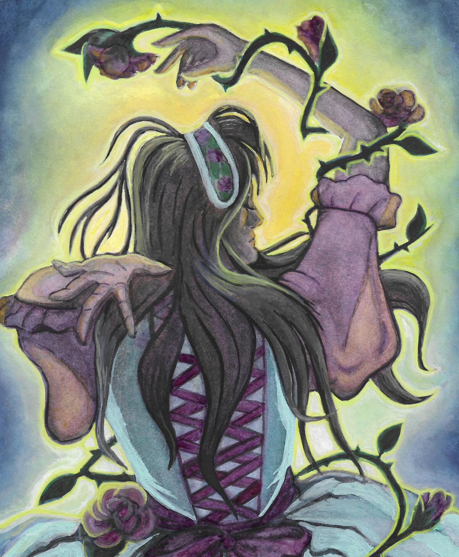 Femme figure standing with her back towards the viewer looking to her right. Her brown hair flows around her face. There is a light shining intensely casting a glow around her figure. A thorny rose vine grows around her waist and up her arm.