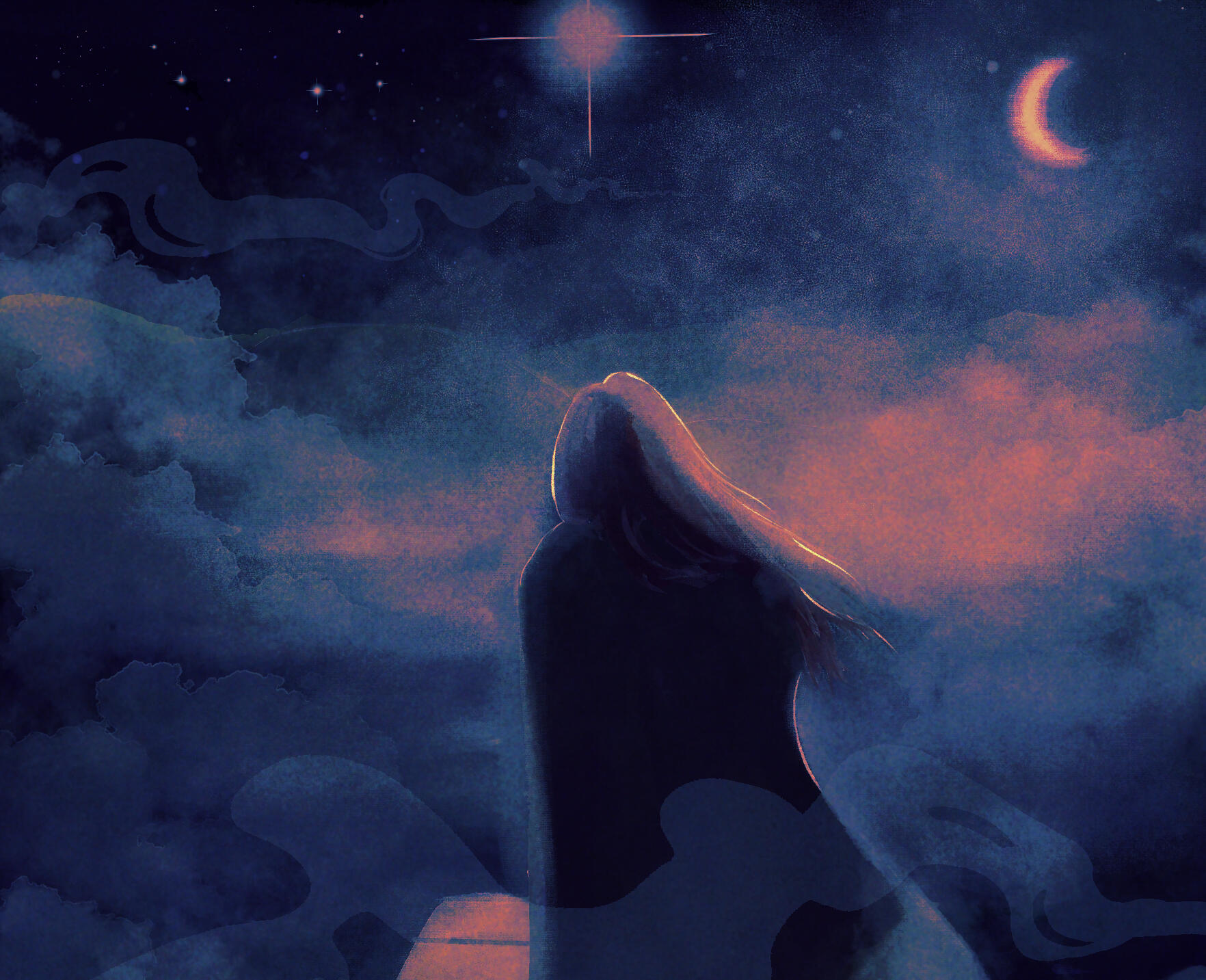 Figure stands a foggy dock at night looking up at the starry sky.