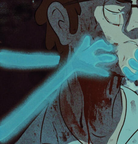 Ford has his eyes closed with his head turned. Bill's ethereal hands grasp his jaw and face. He is crying and blood is splattered across his face and drips down his neck. His shirt is unbuttoned at the top and stained with blood.