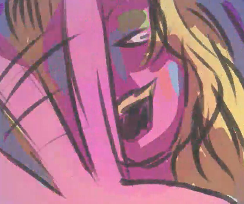 Smear frame of a person moving their hand with their mouth open. They are bright pink with colorful patches on their face with yellow hair.