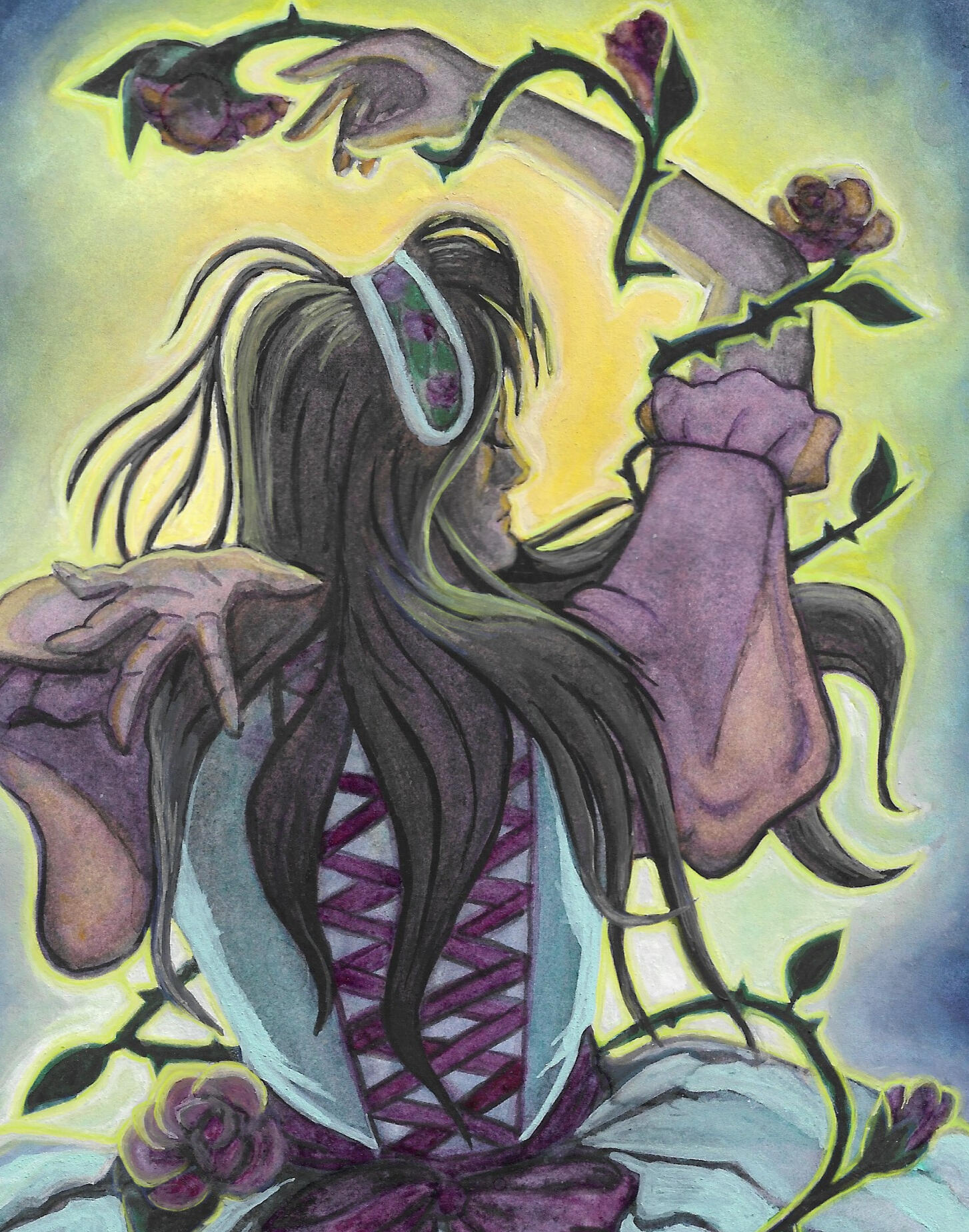 Femme figure standing with her back towards the viewer looking to her right. Her brown hair flows around her face. There is a light shining intensely casting a glow around her figure. A thorny rose vine grows around her waist and up her arm.