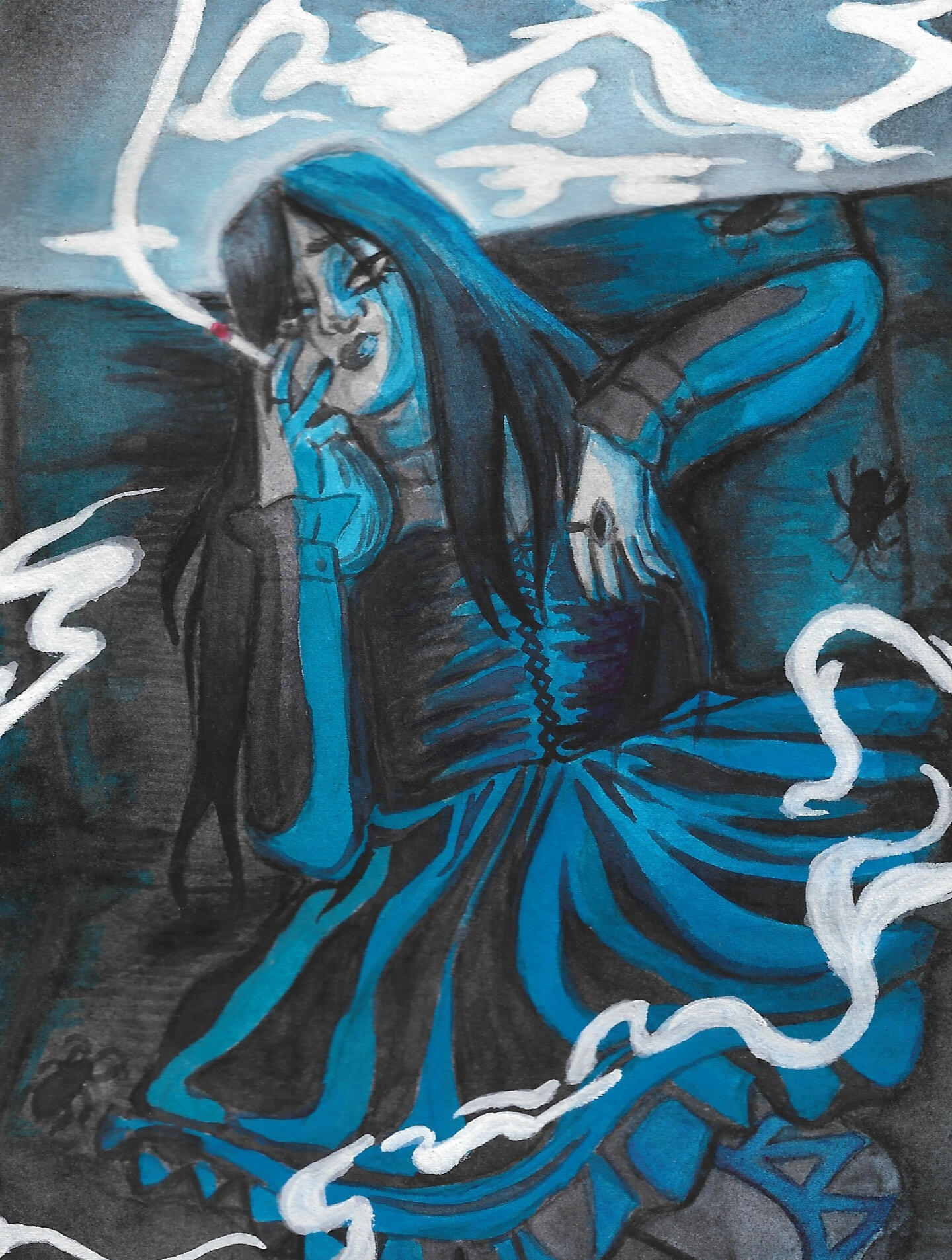 Femme person sitting on a dingy sofa in the dark smoking a cigarette. They are wearing a dress with a fitted corset top and ruffles at the hem. Smoke hangs in the air around them. A vivid blue light is cast on them, in the dark around them roaches hide.