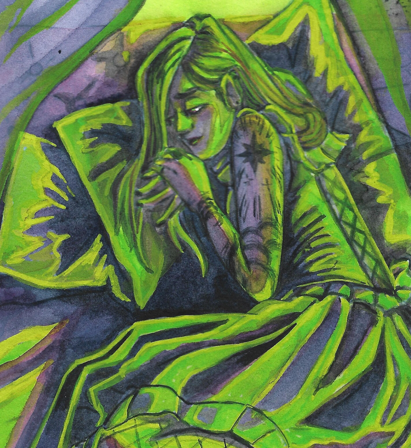 Femme person curled on a bed laying on pillows. They are wearing a dress with ruffles on the hem and collar. On their arm is a star tattoo with clouds. The lighting is vibrant lime green casting purple shadows.