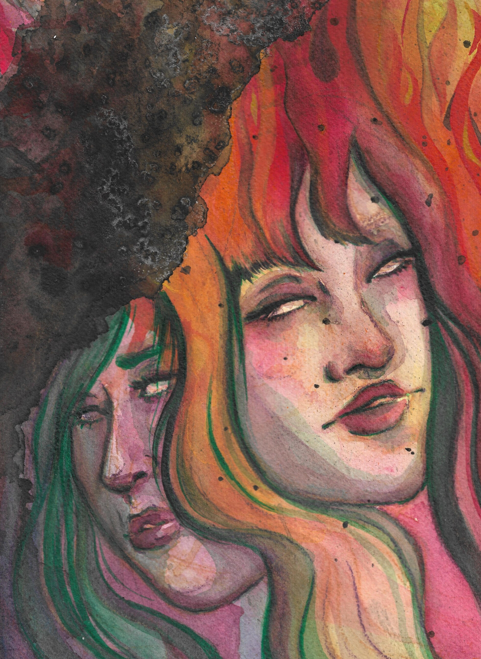 Two femme face look out with no eyes from the smoke and flames.